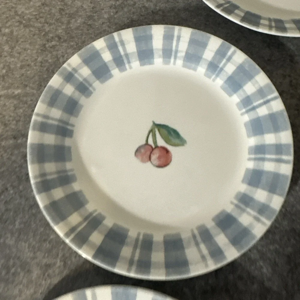 Corelle Set of‎ 5 Dessert Salad Plates Fruit Too Cherries Blue Plaid 7-1/4